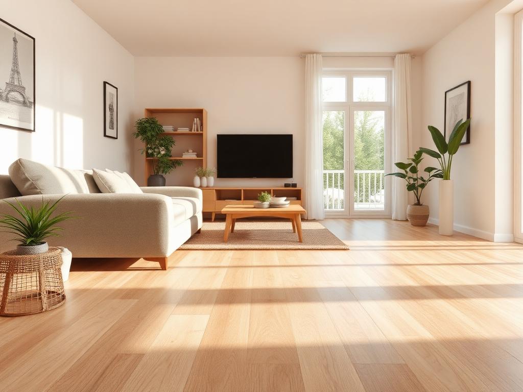 Nová světlá dřevěná podlaha v moderním obývacím pokoji